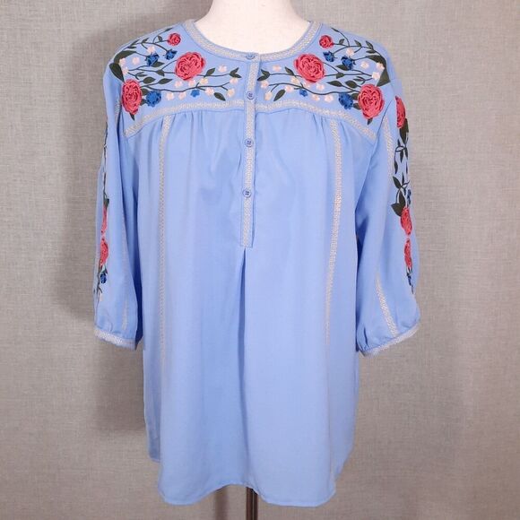 Women's Floral Embroidered Tunic Top Size Small Pleated CottageCore Blue - Picture 1 of 16